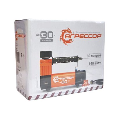 Компрессор 30л/мин 140W 7Атм 12V с фонарем, с насадками, Агрессор AGR-30L