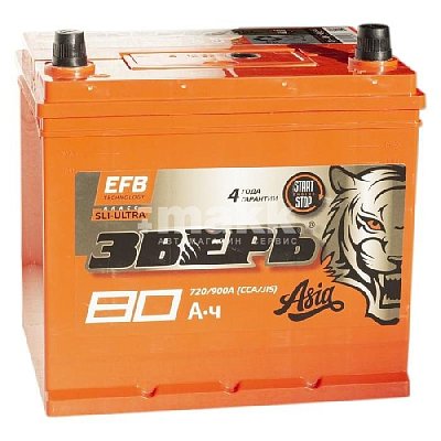 Аккумуляторная батарея 80 ЗВЕРЬ Азия EFB (85D23L) о/п 23,2*17,5*22,5