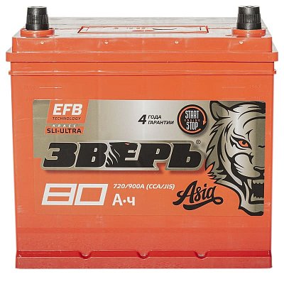 Аккумуляторная батарея 80 ЗВЕРЬ Азия EFB (85D23L) о/п 23,2*17,5*22,5