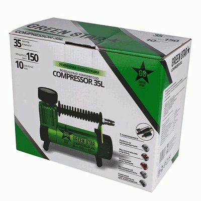 Компрессор 35л/мин 150W 12V 10Атм, металлический поршень, шланг с переходником Green Star
