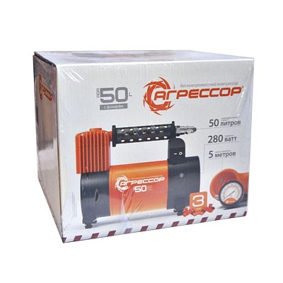 Компрессор  50л/мин 280W 12V 10Атм с фонарем шланг с переходником Агрессор AGR-50L