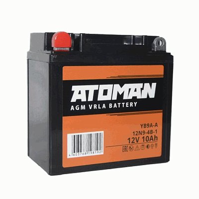 Мото аккумулятор ATOMAN AGM 12V 10Aч (12N9-BS, 12N9-4B-1) п/п