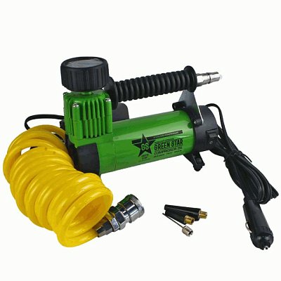 Компрессор 35л/мин 150W 12V 10Атм, металлический поршень, шланг с переходником Green Star