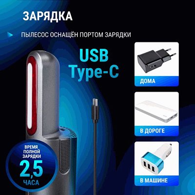 Пылесос беспроводной ROBOVOLT V8,100W 2 насадки,LED фонарь,магн.крышка,зарядка Type-C 5V 1,8A, сумка