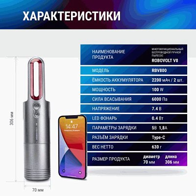 Пылесос беспроводной ROBOVOLT V8,100W 2 насадки,LED фонарь,магн.крышка,зарядка Type-C 5V 1,8A, сумка