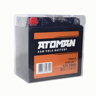 Мото аккумулятор ATOMAN AGM 12V 10Aч (12N9-BS, 12N9-4B-1) п/п