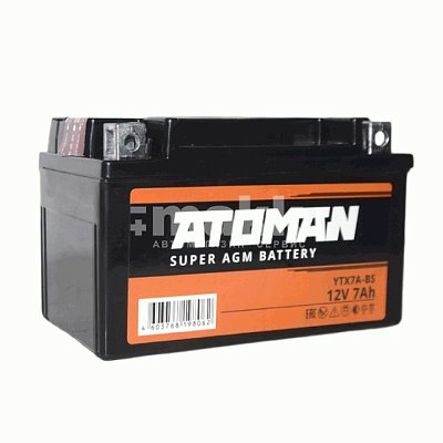 Мото ATOMAN Super AGM 12V 7Aч (YTX7A-BS) сухозаряженный с электролитом в комплекте