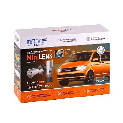 Светодиодные линзы MiniLENS H4/H19, 12V, 30/45W, 5500K, 4500LM MTF комплект