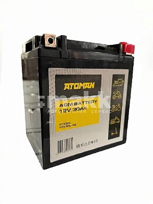 Мото аккумулятор ATOMAN AGM 12V 30Aч (YТX30L-BS, YTX30L) о/п