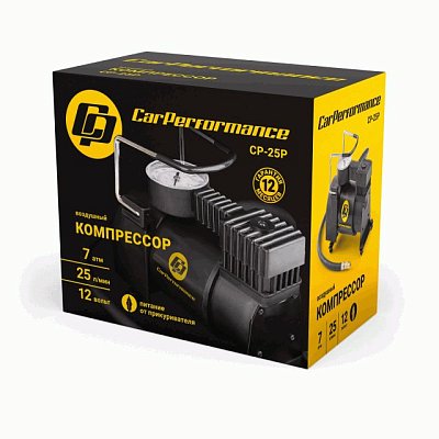 Компрессор 25л/мин 80W 12V металлический поршень, в компл 3 насадки Car Perfomance CP-25P