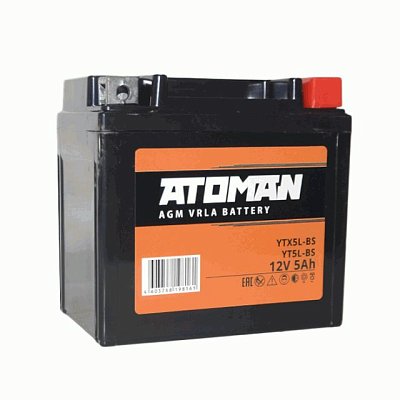 Мото аккумулятор ATOMAN AGM 12V 5Aч (YTX5L-BS, YT5L-BS) о/п