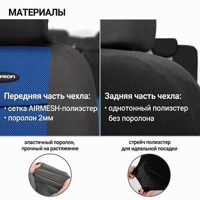 Чехлы AIRBAG полиэстер, 9 предм, передний ряд, задний ряд, черн/син 6 шт/уп TT-902P BK/BL