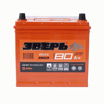 Аккумуляторная батарея 80 Ач ЗВЕРЬ Asia (85D23L) о/п  23,2*17,5*22,5