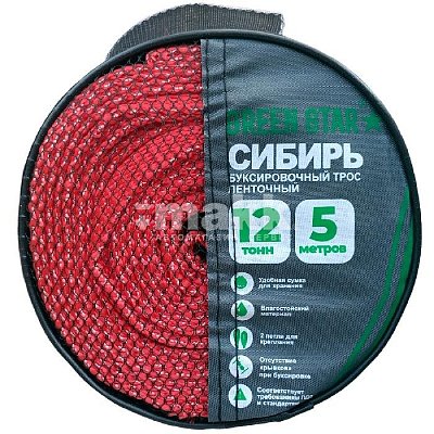 Трос 12т 5м буксировочный ленточный 2 петли в сумке Green Star