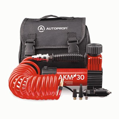 Компрессор 30л/мин 150W 12V 7Атм металлический поршень, в компл 3 насадки AUTOPROFI  AKM-30