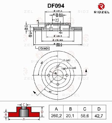 Диск тормозной передний DF094 Ridzel (1шт)