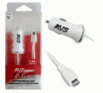 Автомобильное ЗУ microUSB AVS белый CMR-211 1200мA