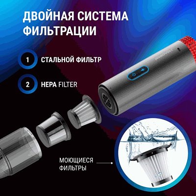 Пылесос беспроводной ROBOVOLT V6 80W 2 насадки,LED фонарь, магн.крышка, з-а micro USB 5V 1,8A, сумка