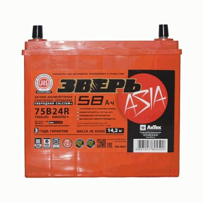 Аккумуляторная батарея 58 Ач ЗВЕРЬ Asia (75B24R) п/п 23,8*12,9*22,5