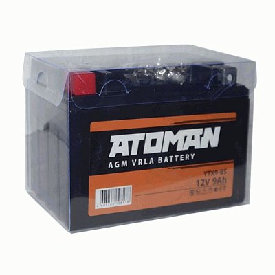 Мото аккумулятор ATOMAN AGM 12V 9Aч (YTX9-BS, YTX9) п/п низкий