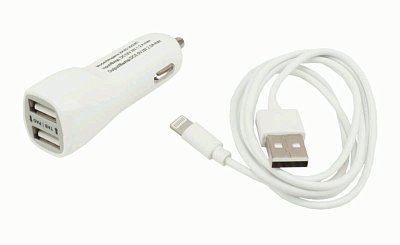 Автомобильное ЗУ USB*2 2А + кабель 8Pin iPhone 5/6/7/8/X Continent белый ZA20-292WT /Si1(3)