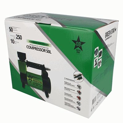 Компрессор 50л/мин 250W 12V 10Атм, металлический поршень, шланг с переходником Green Star