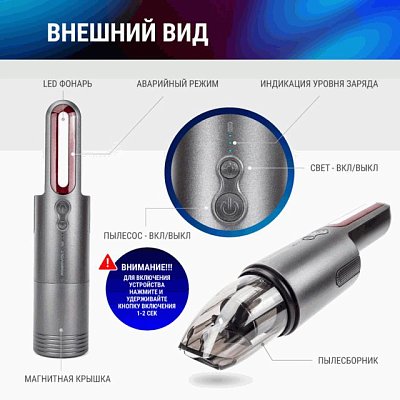 Пылесос беспроводной ROBOVOLT V8,100W 2 насадки,LED фонарь,магн.крышка,зарядка Type-C 5V 1,8A, сумка