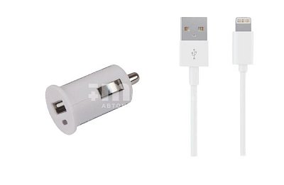 Автомобильное ЗУ USB 1А + кабель 8Pin iPhone 5/6/7/8/X Continent белый ZA10-191WT /Si1